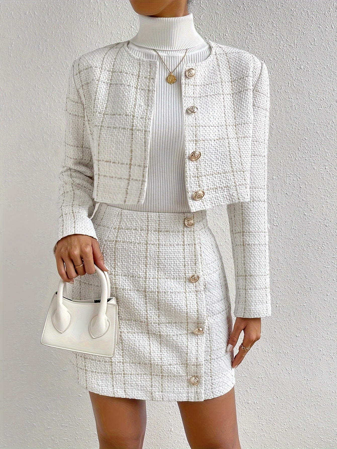 Elegant Rutig Mönster Bomull Knappar Framsidan Outfit Set För Kvinnor | Perfekt för Vardagsbruk