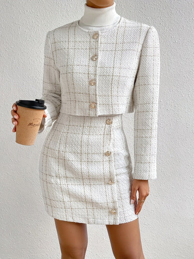Elegant Rutig Mönster Bomull Knappar Framsidan Outfit Set För Kvinnor | Perfekt för Vardagsbruk