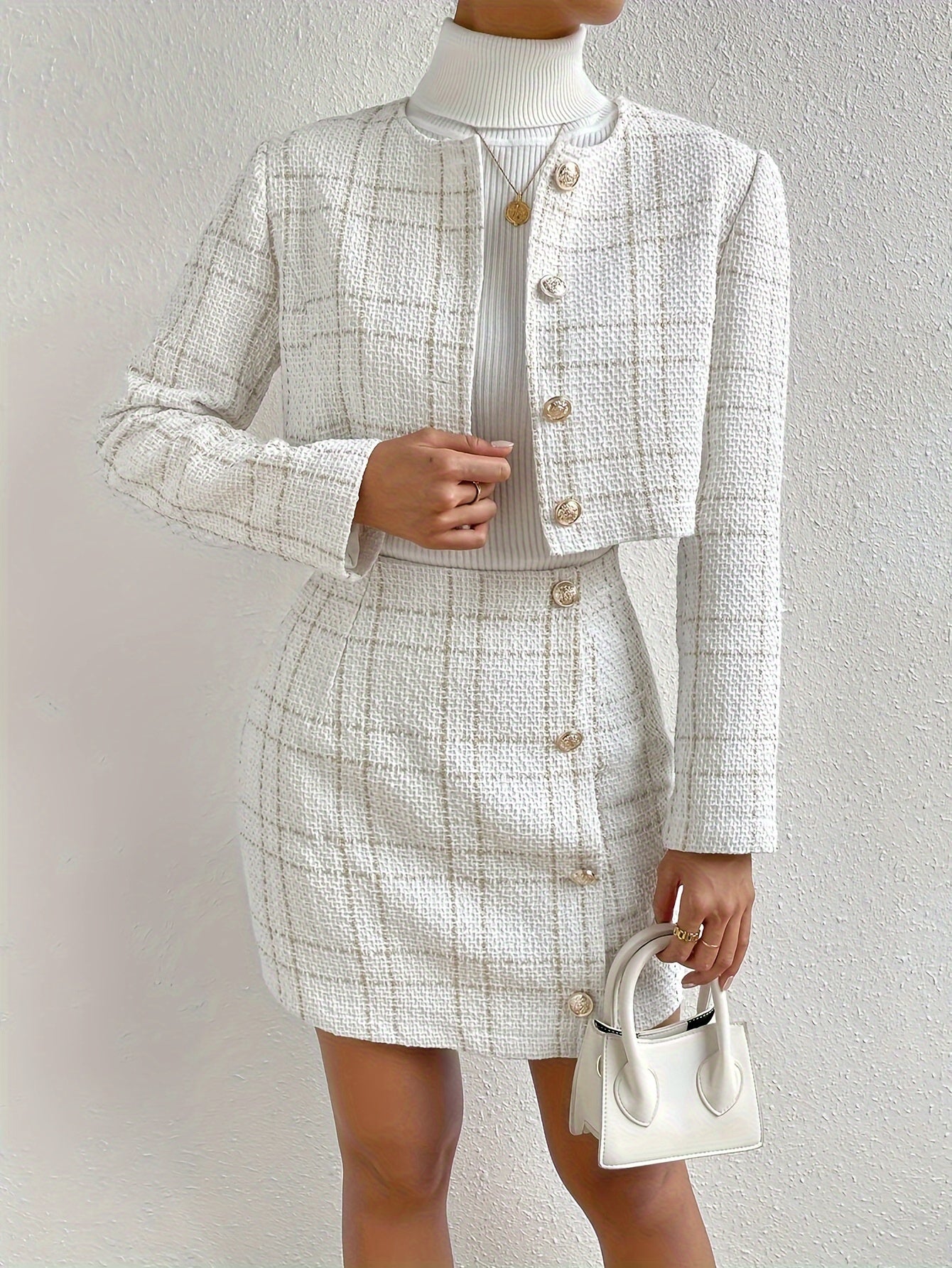 Elegant Rutig Mönster Bomull Knappar Framsidan Outfit Set För Kvinnor | Perfekt för Vardagsbruk
